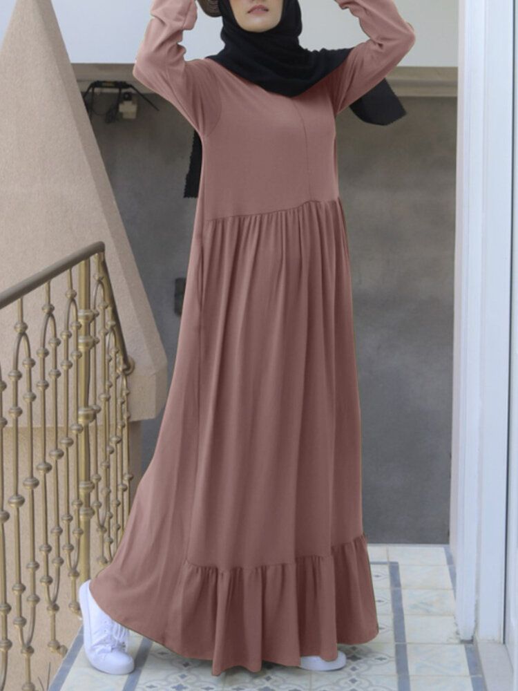 Vestido Maxi Diario Informal Con Cuello Redondo Y Manga Abullonada Con Volantes Lisos Para Mujer