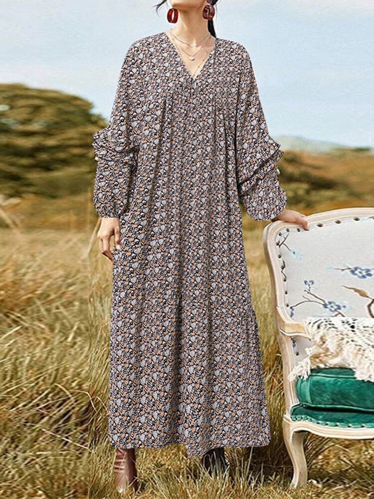 Vestido Maxi Diario Informal Con Cuello En V Y Manga Abullonada Con Estampado Floral Vintage Para Mujer