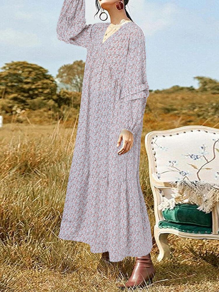 Vestido Maxi Diario Informal Con Cuello En V Y Manga Abullonada Con Estampado Floral Vintage Para Mujer