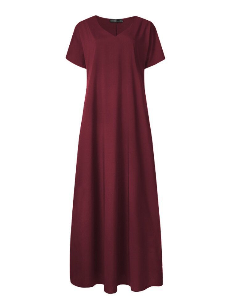 Vestido Maxi Elegante De Manga Corta Con Cuello En V De Color Sólido Estilo Breve Para Mujer Con Bolsillos