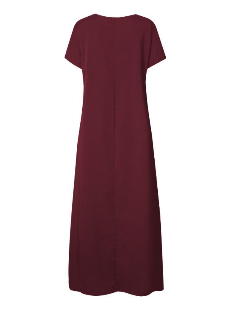 Vestido Maxi Elegante De Manga Corta Con Cuello En V De Color Sólido Estilo Breve Para Mujer Con Bolsillos