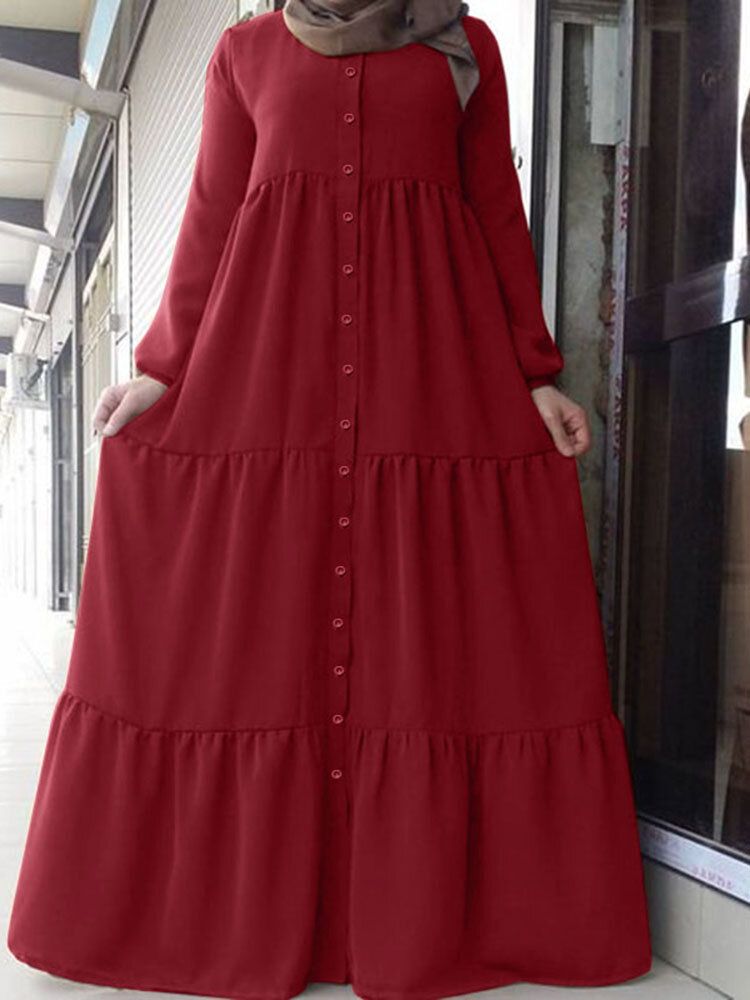 Vestido Maxi Escalonado Con Botones En La Parte Delantera Y Botones De Color Sólido Vintage Para Mujer