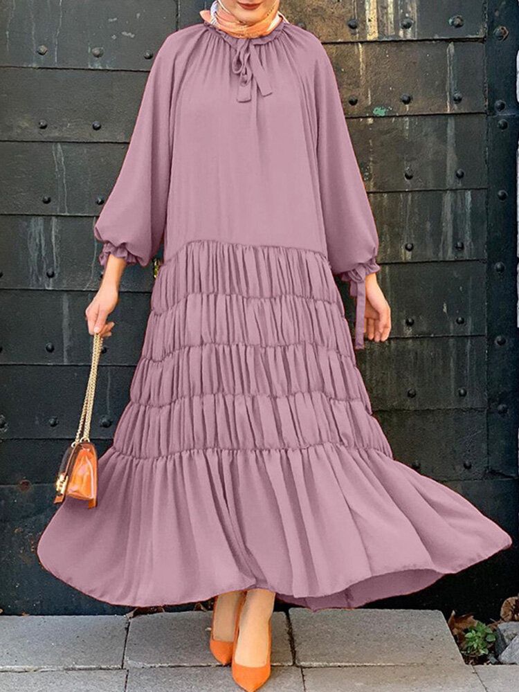 Vestido Maxi Escalonado Con Cuello De Volantes De Color Sólido Con Cordones Y Manga Abullonada Para Mujer