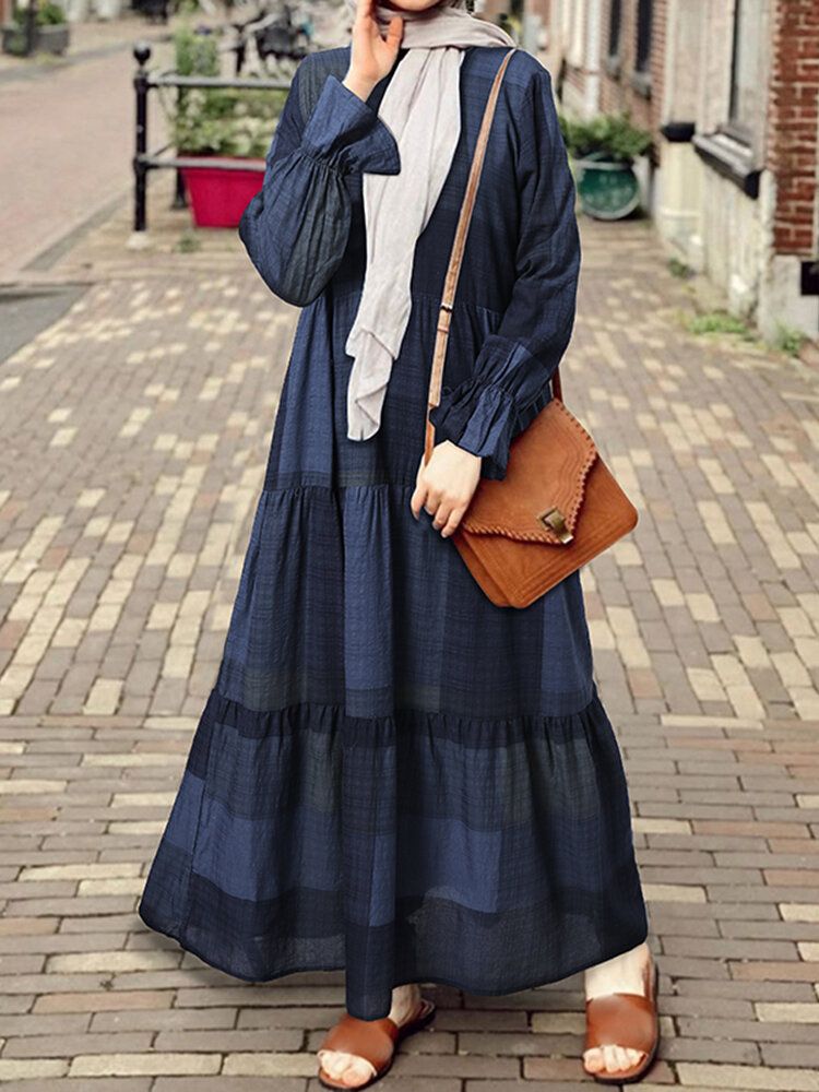 Vestido Maxi Escalonado Kaftan Con Manga Abullonada Y Cuello Redondo Con Estampado De Cuadrícula Vintage Para Mujer