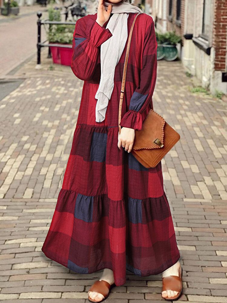 Vestido Maxi Escalonado Kaftan Con Manga Abullonada Y Cuello Redondo Con Estampado De Cuadrícula Vintage Para Mujer