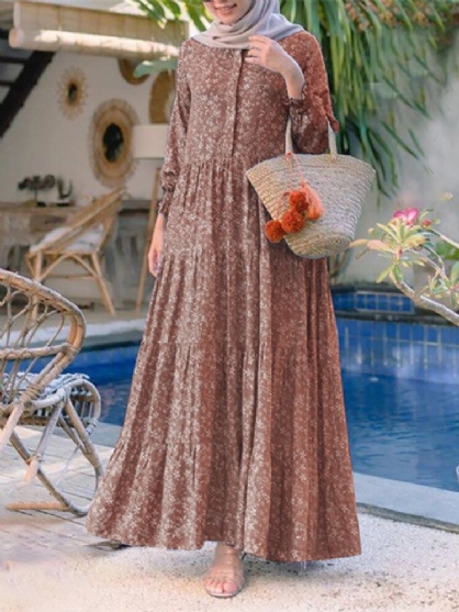 Vestido Maxi Escalonado De Manga Larga Bohemio Informal De Vacaciones Con Cuello Redondo Y Estampado Floral Para Mujer