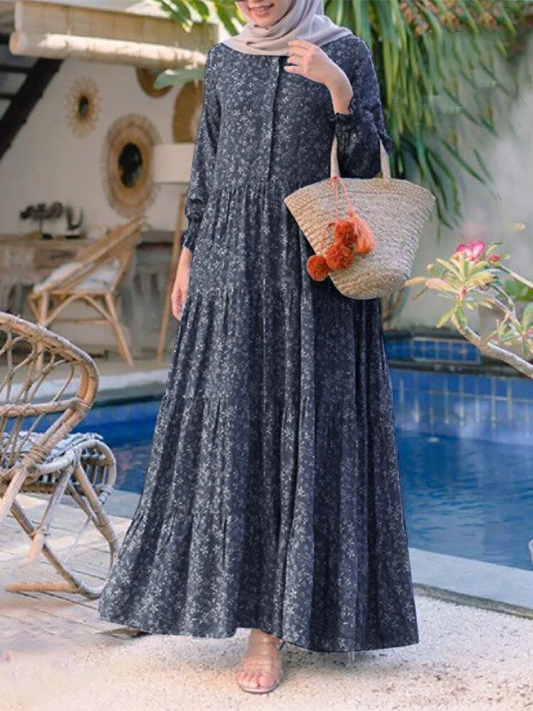 Vestido Maxi Escalonado De Manga Larga Bohemio Informal De Vacaciones Con Cuello Redondo Y Estampado Floral Para Mujer