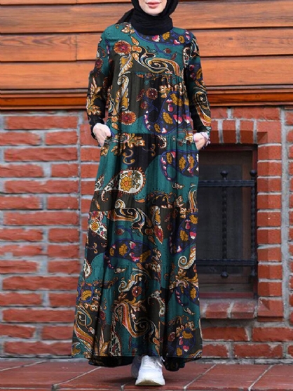 Vestido Maxi Escalonado De Manga Larga Con Estampado Floral Vintage Estilo Étnico Para Mujer Con Bolsillos