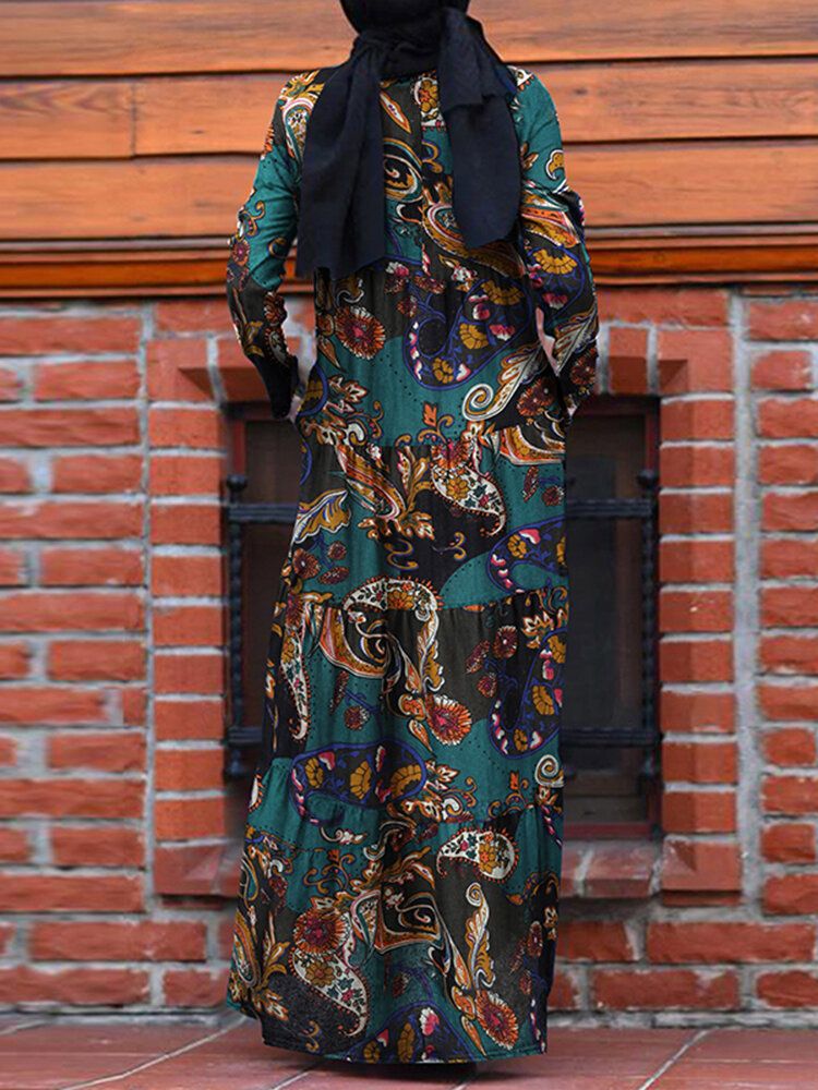 Vestido Maxi Escalonado De Manga Larga Con Estampado Floral Vintage Estilo Étnico Para Mujer Con Bolsillos