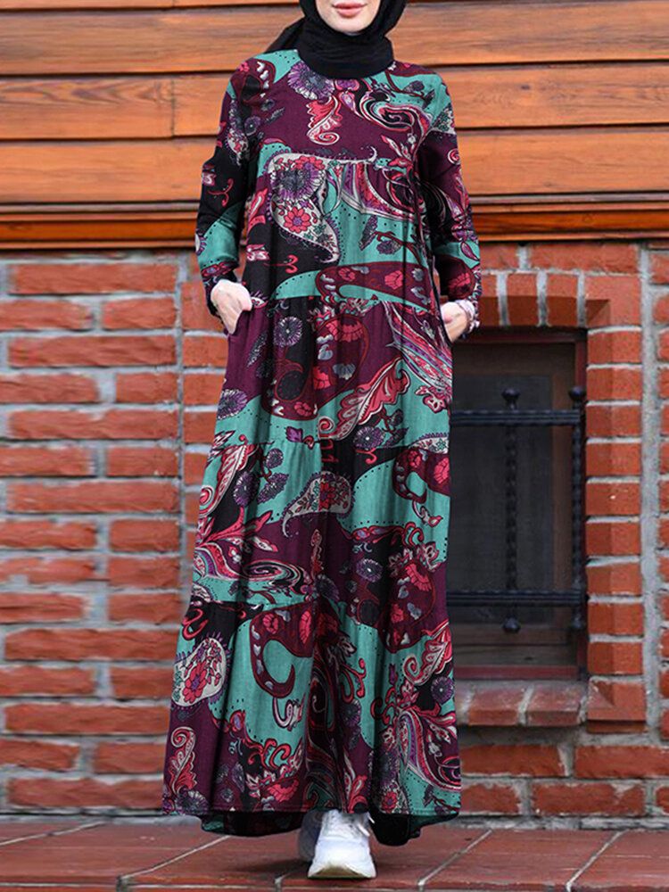 Vestido Maxi Escalonado De Manga Larga Con Estampado Floral Vintage Estilo Étnico Para Mujer Con Bolsillos