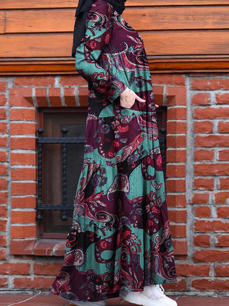 Vestido Maxi Escalonado De Manga Larga Con Estampado Floral Vintage Estilo Étnico Para Mujer Con Bolsillos