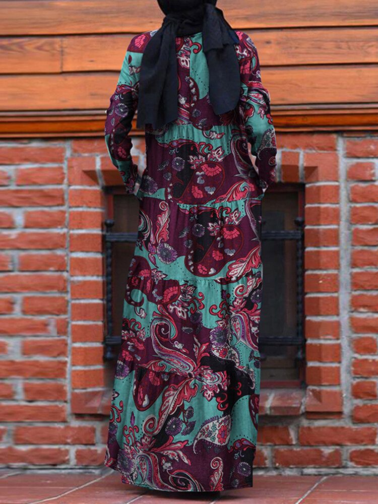 Vestido Maxi Escalonado De Manga Larga Con Estampado Floral Vintage Estilo Étnico Para Mujer Con Bolsillos