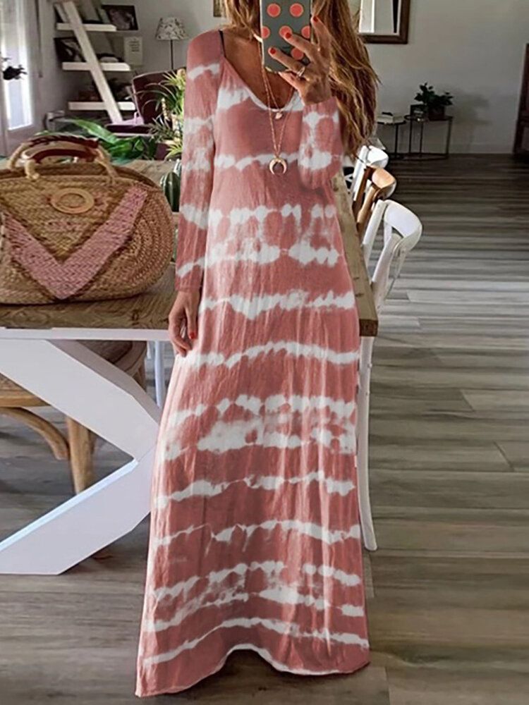 Vestido Maxi Holgado Informal De Manga Larga Con Estampado De Rayas Tie Dye