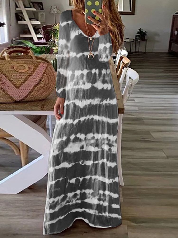 Vestido Maxi Holgado Informal De Manga Larga Con Estampado De Rayas Tie Dye