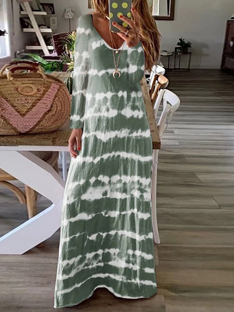 Vestido Maxi Holgado Informal De Manga Larga Con Estampado De Rayas Tie Dye