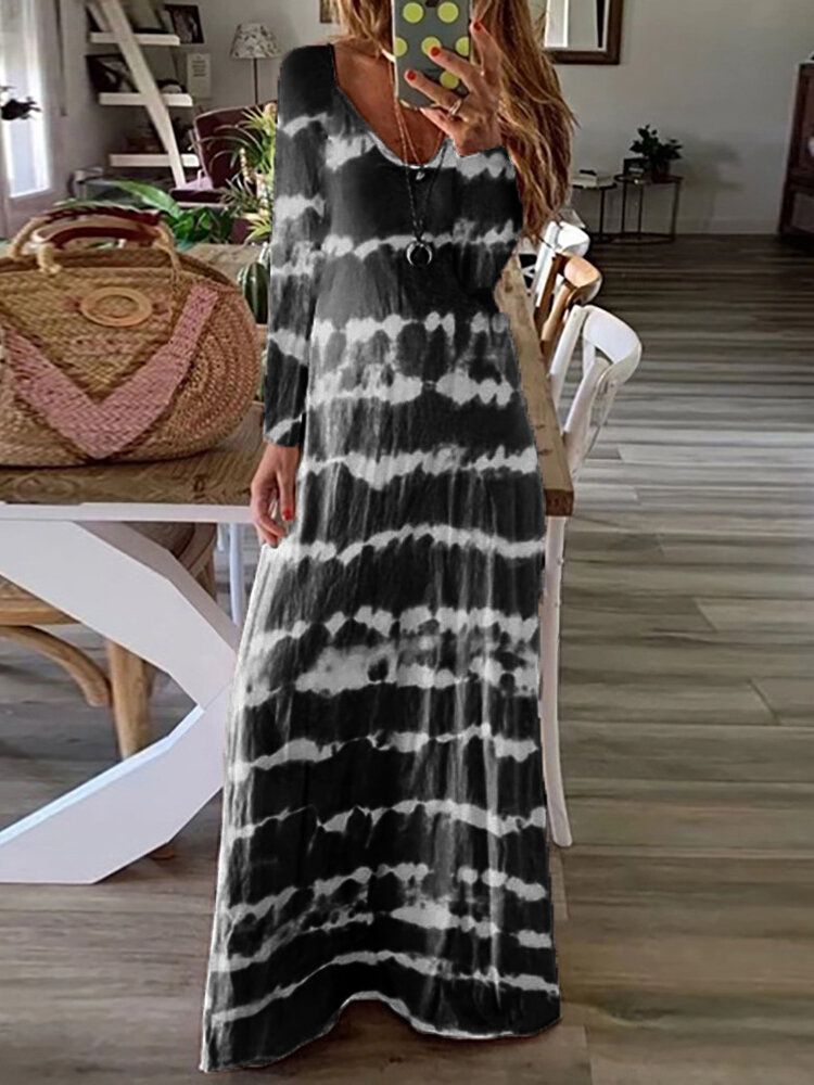 Vestido Maxi Holgado Informal De Manga Larga Con Estampado De Rayas Tie Dye