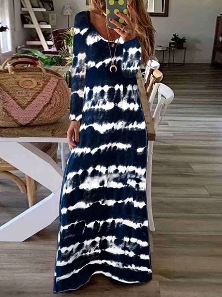 Vestido Maxi Holgado Informal De Manga Larga Con Estampado De Rayas Tie Dye