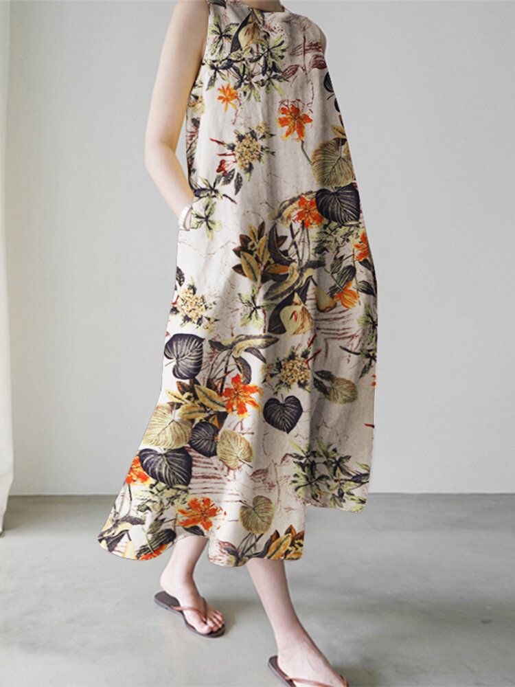 Vestido Maxi Holgado Sin Mangas Con Estampado Floral De Plantas Para Mujer Con Bolsillo Lateral