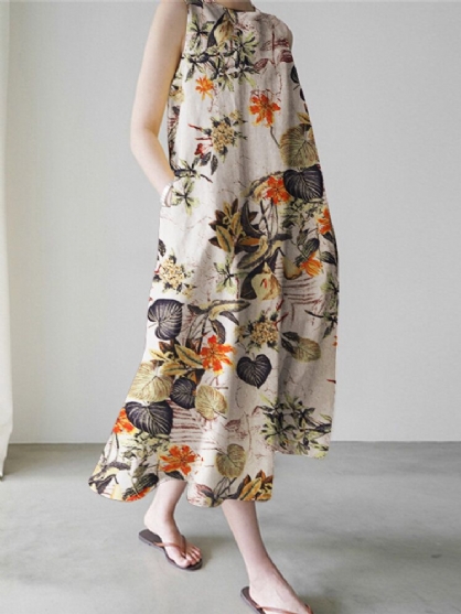 Vestido Maxi Holgado Sin Mangas Con Estampado Floral De Plantas Para Mujer Con Bolsillo Lateral