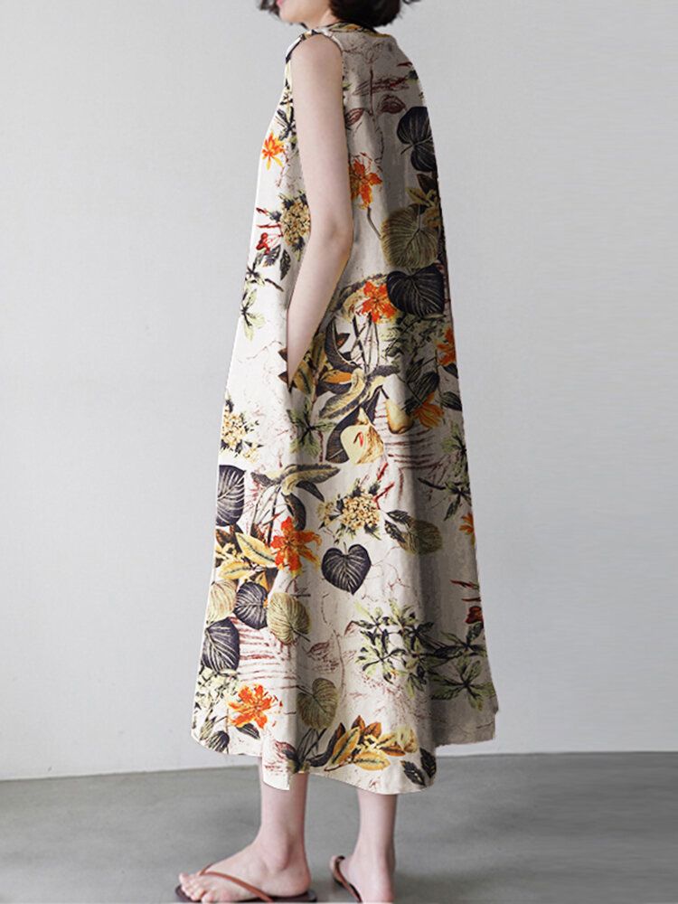 Vestido Maxi Holgado Sin Mangas Con Estampado Floral De Plantas Para Mujer Con Bolsillo Lateral