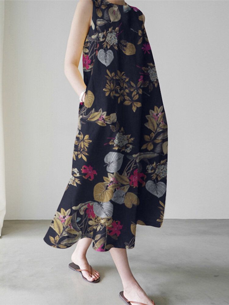 Vestido Maxi Holgado Sin Mangas Con Estampado Floral De Plantas Para Mujer Con Bolsillo Lateral