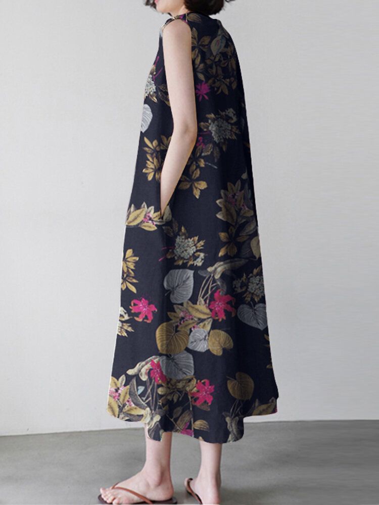 Vestido Maxi Holgado Sin Mangas Con Estampado Floral De Plantas Para Mujer Con Bolsillo Lateral