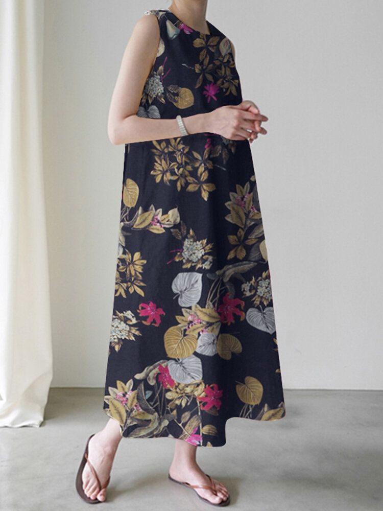 Vestido Maxi Holgado Sin Mangas Con Estampado Floral De Plantas Para Mujer Con Bolsillo Lateral