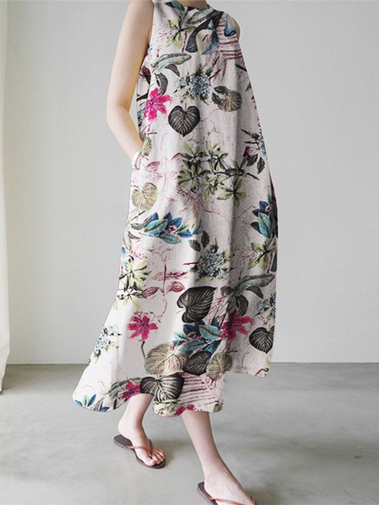 Vestido Maxi Holgado Sin Mangas Con Estampado Floral De Plantas Para Mujer Con Bolsillo Lateral