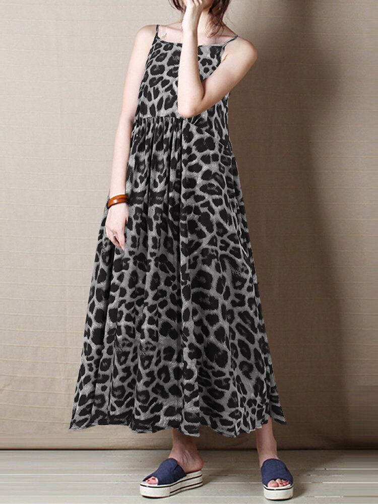 Vestido Maxi Holgado Sin Mangas Con Estampado De Leopardo Informal Para Mujer