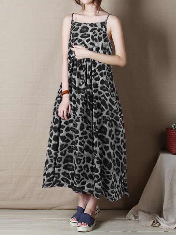 Vestido Maxi Holgado Sin Mangas Con Estampado De Leopardo Informal Para Mujer