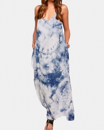 Vestido Maxi Informal Con Abertura En El Bolsillo Y Mangas Sin Tirantes Con Cuello En V Y Estampado Tie Dye Para Mujer