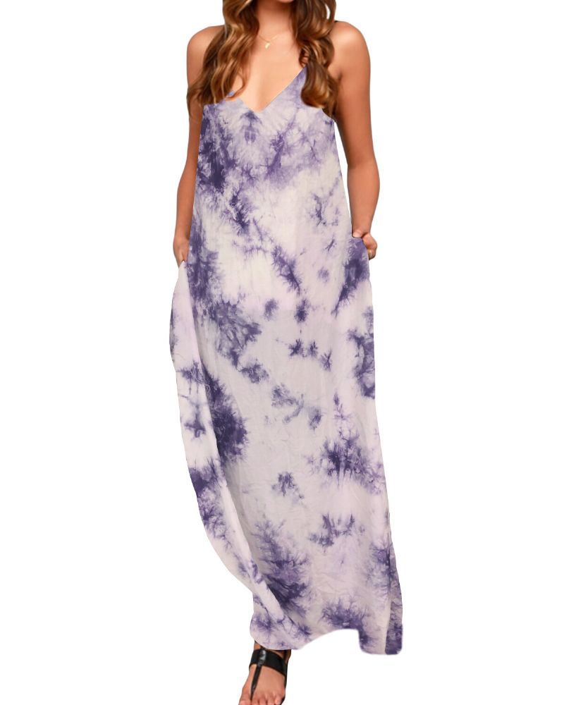 Vestido Maxi Informal Con Abertura En El Bolsillo Y Mangas Sin Tirantes Con Cuello En V Y Estampado Tie Dye Para Mujer