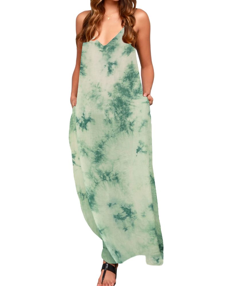 Vestido Maxi Informal Con Abertura En El Bolsillo Y Mangas Sin Tirantes Con Cuello En V Y Estampado Tie Dye Para Mujer