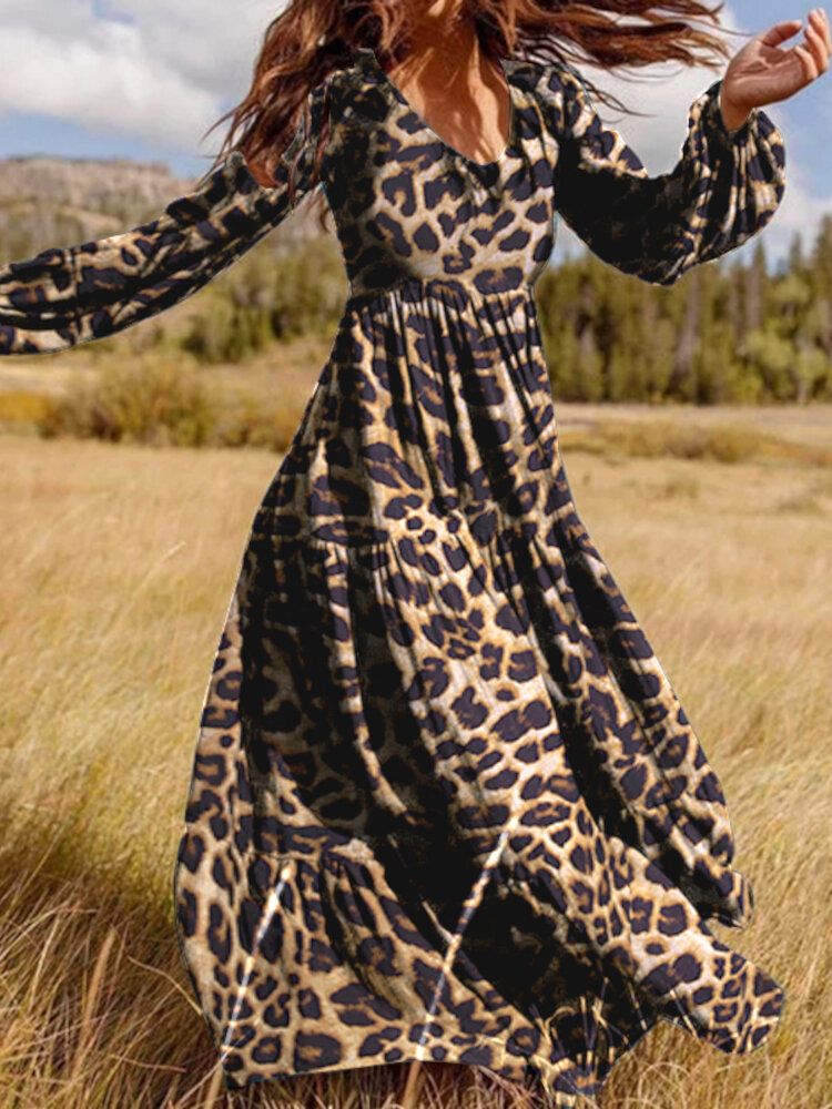 Vestido Maxi Informal Con Cuello En V Y Manga Abullonada Con Estampado De Leopardo Para Mujer