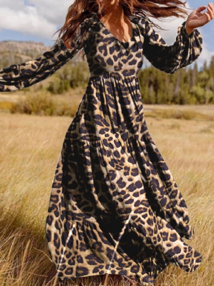 Vestido Maxi Informal Con Cuello En V Y Manga Abullonada Con Estampado De Leopardo Para Mujer