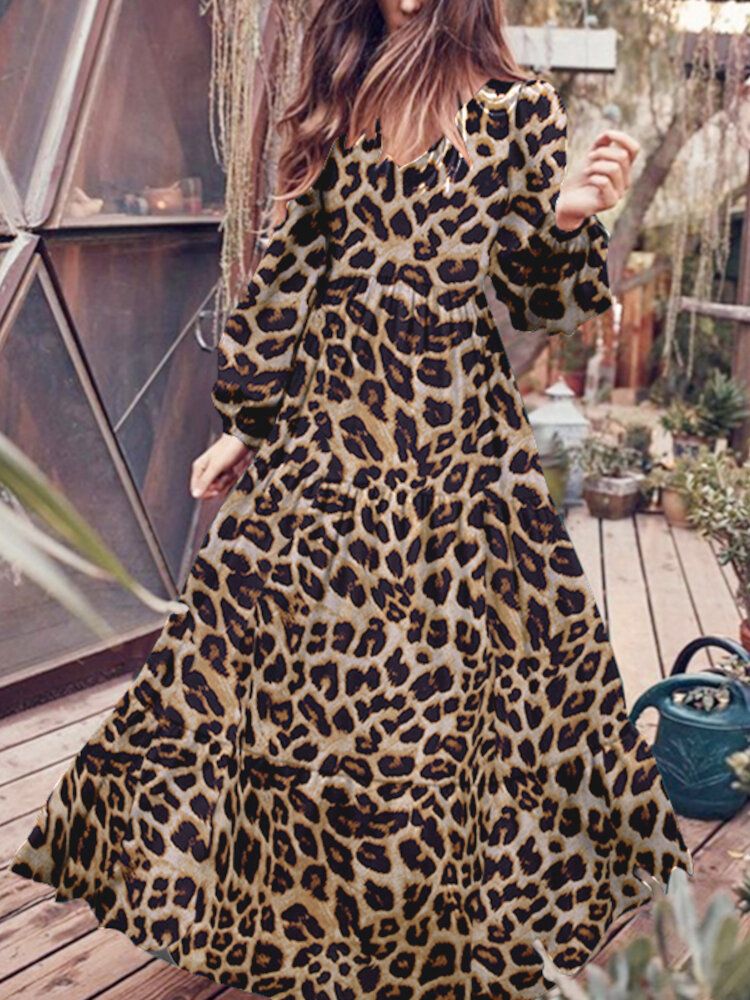 Vestido Maxi Informal Con Cuello En V Y Manga Abullonada Con Estampado De Leopardo Para Mujer