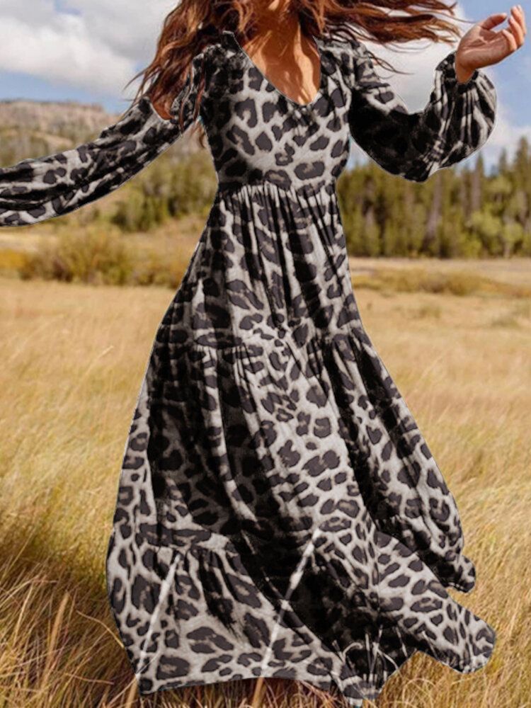 Vestido Maxi Informal Con Cuello En V Y Manga Abullonada Con Estampado De Leopardo Para Mujer