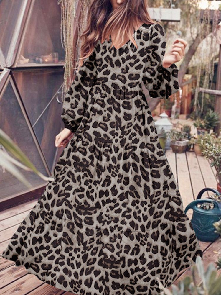 Vestido Maxi Informal Con Cuello En V Y Manga Abullonada Con Estampado De Leopardo Para Mujer