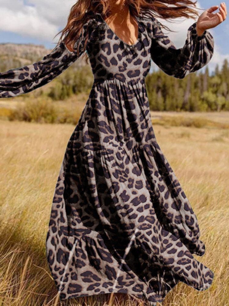 Vestido Maxi Informal Con Cuello En V Y Manga Abullonada Con Estampado De Leopardo Para Mujer