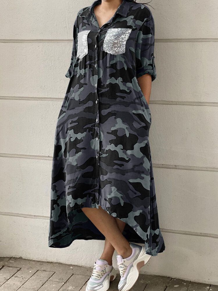 Vestido Maxi Informal Con Dobladillo Alto Y Bajo Con Estampado De Camuflaje Y Manga Larga Con Bolsillo