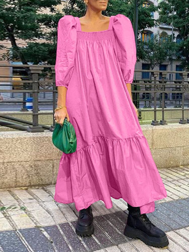 Vestido Maxi Informal Con Dobladillo Con Volantes Y Mangas Abullonadas De Color Sólido Con Cuello Cuadrado Para Mujer