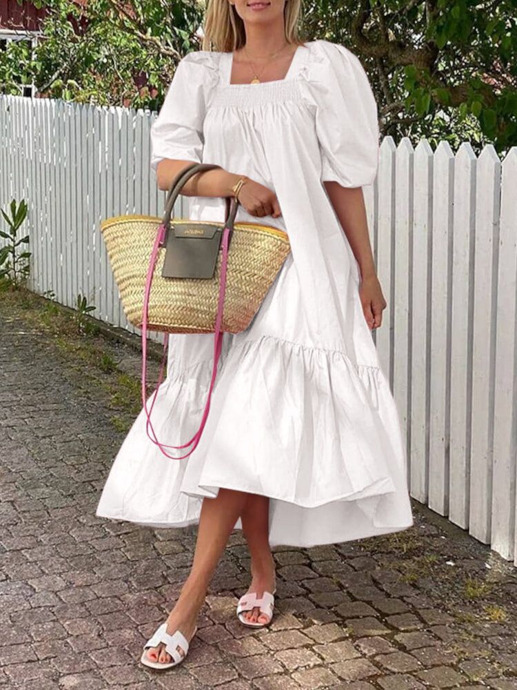 Vestido Maxi Informal Con Dobladillo Con Volantes Y Mangas Abullonadas De Color Sólido Con Cuello Cuadrado Para Mujer