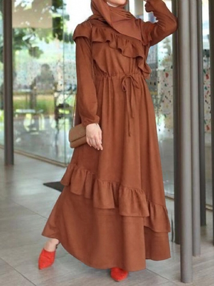 Vestido Maxi Informal Con Mangas Abullonadas En La Cintura Con Cordones Y Volantes En Color Liso Vintage Para Mujer