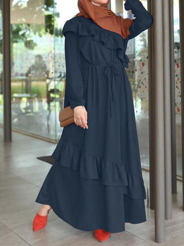 Vestido Maxi Informal Con Mangas Abullonadas En La Cintura Con Cordones Y Volantes En Color Liso Vintage Para Mujer