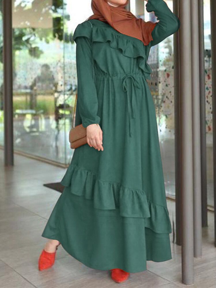 Vestido Maxi Informal Con Mangas Abullonadas En La Cintura Con Cordones Y Volantes En Color Liso Vintage Para Mujer