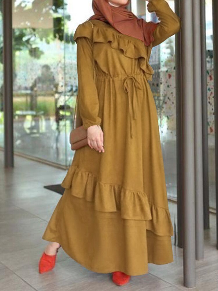 Vestido Maxi Informal Con Mangas Abullonadas En La Cintura Con Cordones Y Volantes En Color Liso Vintage Para Mujer