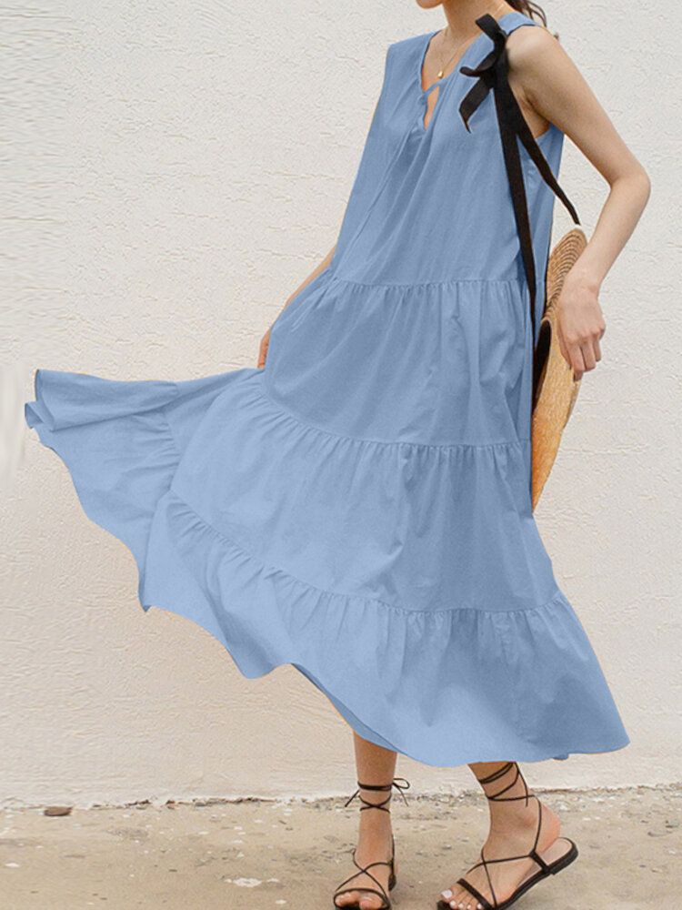 Vestido Maxi Informal Diario De Color Liso Sin Mangas Con Cuello En V Plisado Con Cordones En Capas