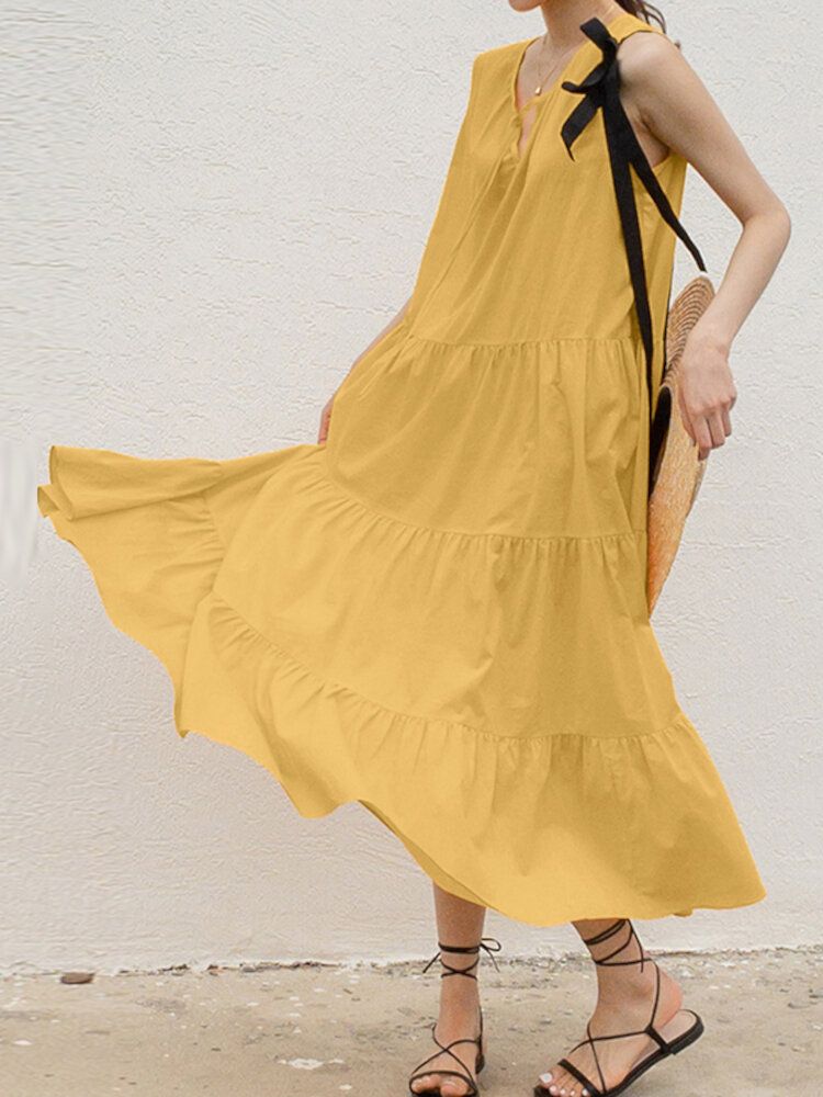 Vestido Maxi Informal Diario De Color Liso Sin Mangas Con Cuello En V Plisado Con Cordones En Capas