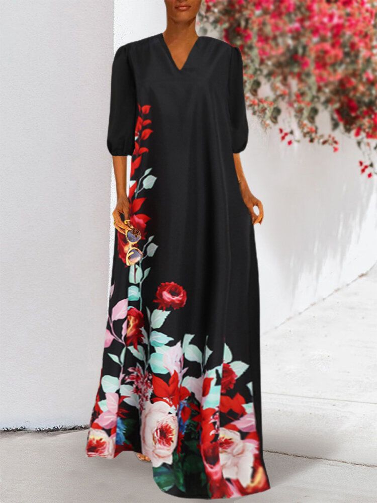 Vestido Maxi Informal De Manga 3/4 Con Cuello En V Y Estampado Floral Para Mujer