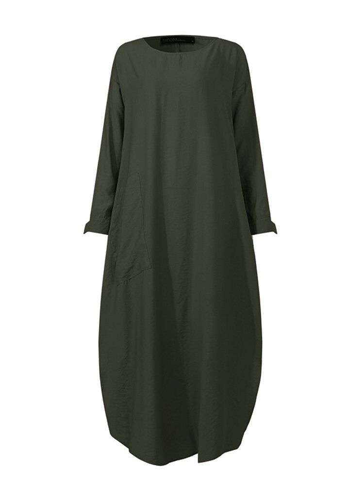 Vestido Maxi Informal De Manga Larga Con Cuello En O De Color Liso Para Mujer Bata Dividida Kaftan Con Bolsillo